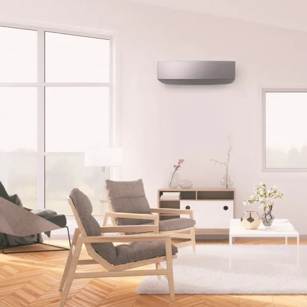 Fujitsu KETF Designer Range indoor air conditioner in grey installed in a modern living room