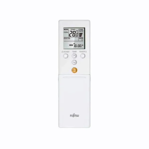 Fujitsu KMCF remote control in white with LCD screen and navigation buttons