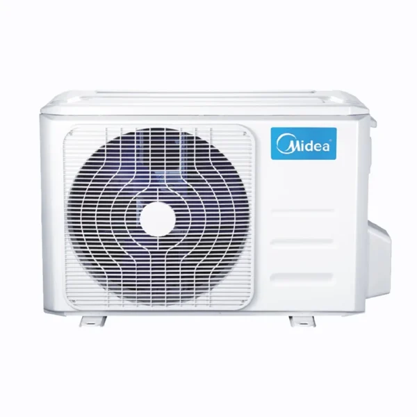 Midea Breezeless E outdoor air conditioning unit in white with round grille and blue logo