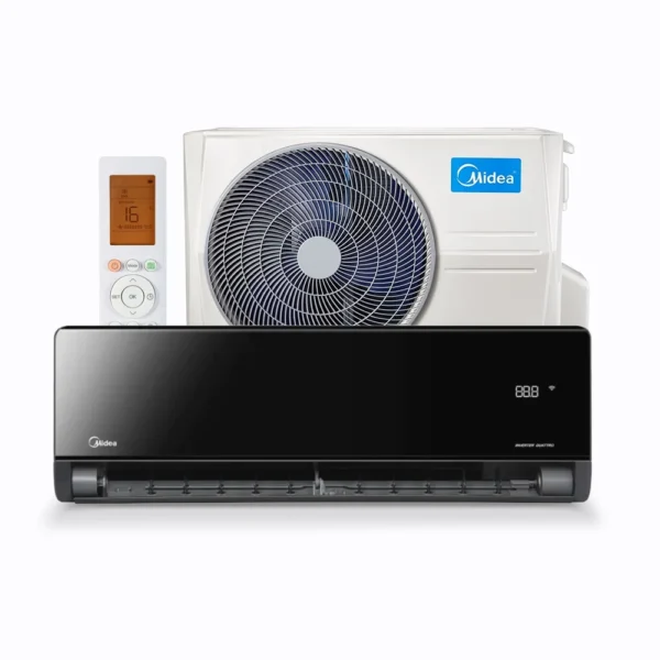 Midea Penrose wall mounted air conditioner with black gloss indoor unit and white outdoor unit.