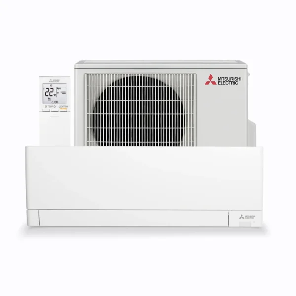 Mitsubishi Electric MSZ-AY wall mounted indoor air conditioner and outdoor unit in compact white design.