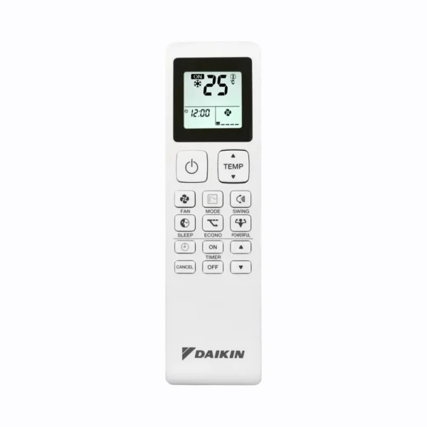 Daikin Sensira remote control in white with LCD screen and soft-touch buttons