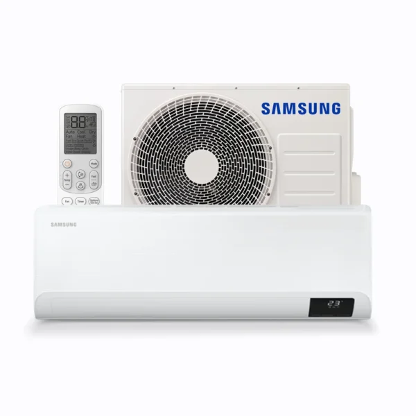 Samsung Cebu wall mounted air conditioning unit with outdoor condenser and remote.