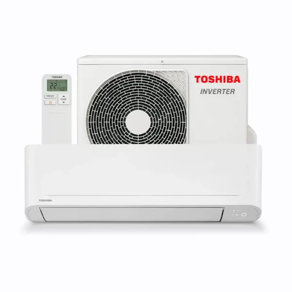 Toshiba Seiya wall mounted air conditioner system with outdoor condenser and compact indoor unit.