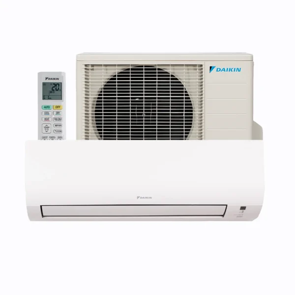 Daikin Sensira split air conditioning system with indoor unit, outdoor condenser, and remote control