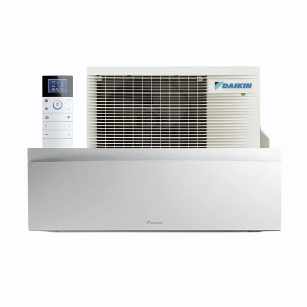 Daikin Emura full air conditioning system including indoor unit, outdoor condenser, and remote control