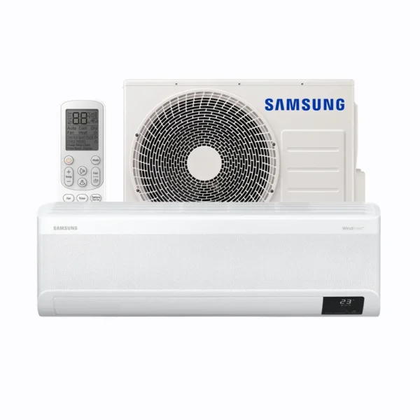 Samsung Elite full split system in white with indoor unit, outdoor condenser, and remote control