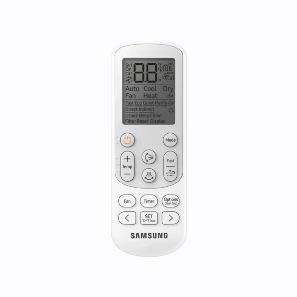Samsung Elite white remote control with digital screen and rounded button layout
