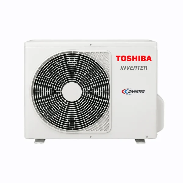 Toshiba Bi-Flow white outdoor condenser unit with inverter label and fan grille