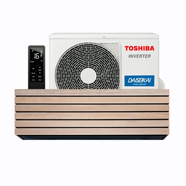 Toshiba Daiseikai 10 system with wood-panel indoor unit, outdoor condenser, and remote control