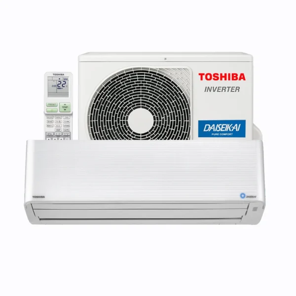 Toshiba Daiseikai 9 full split air conditioning system with indoor unit, outdoor unit, and remote